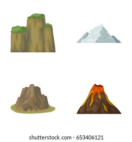 Sheer cliffs, a volcanic eruption, a mountain with a beach, a glacier. Different mountains set collection icons in cartoon style vector symbol stock illustration web.