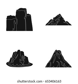 Sheer cliffs, a volcanic eruption, a mountain with a beach, a glacier. Different mountains set collection icons in black style vector symbol stock illustration web.