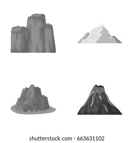 Sheer cliffs, a volcanic eruption, a mountain with a beach, a glacier. Different mountains set collection icons in monochrome style vector symbol stock illustration web.
