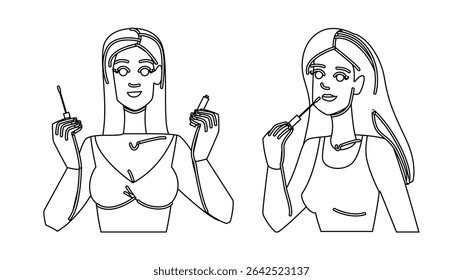 sheer lip gloss vector. hydrating vegan, cruelty free, long lasting sheer lip gloss character. people black line pencil drawing illustration