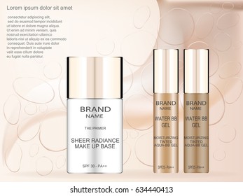  Sheer radiance make up base and water BB gel in two shades ,foundation in plastic tube with bubbles on  nude background, attractive cosmetic ads.