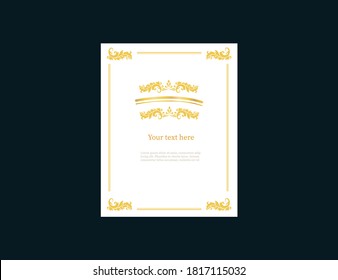 Sheet a4 empty with golden vintage frame template. Retro banner ornate on sides with ornaments calligraphic tracery in center blank center for your text magazine schedule Victorian vector laces.