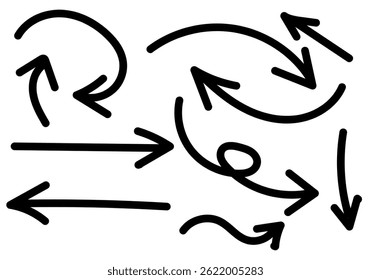 Sheet of arrow icons made of black brush strokes pointing in various directions and curves