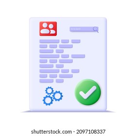 A sheet with an assessment and text. Document on agreements with approval. 3d Document, file, clipboard, checklist.  Simple filled checklist icon. On white background.