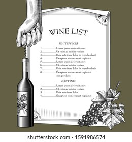 Sheet banner, grapes, and hand open a wine bottle with a corkscrew. Restaurant and wine store menu template. Vintage engraving stylized drawing. Vector illustration