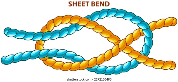 Sheet bend isolated on white. Binding and fastening unit for permanent bracing. Modification of straight knot where first loop makes two turns. Node is tied under tension. Twisted brown tape