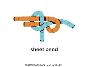 Sheet bend knot, two ropes connection. Strong cord binding. Weavers hitch, reliable sailing nautical string tying for protection and safety. Flat vector illustration isolated on white background