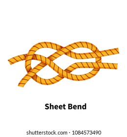 Sheet Bend sea knot. Bright colorful how-to guide isolated on white