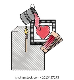 sheet in blank and fountain pen and color palette guide and paint bucket and heart design in colored crayon silhouette