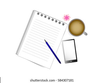 Sheet of blank paper,pen,phone,a cup of coffee and pink flower on white background,workplace concept, Realistic top view vector illustration