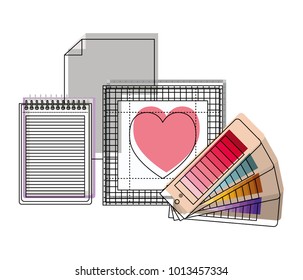 sheet in blank and spiral notebook and color palette guide and heart design in watercolor silhouette
