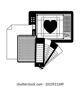 sheet in blank and spiral notebook and color palette guide and heart design in black dotted contour