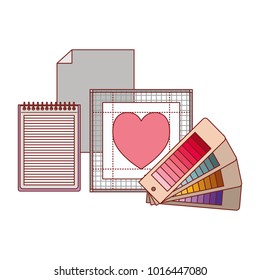 sheet in blank and spiral notebook and color palette guide and heart design in colorful silhouette with thin red contour