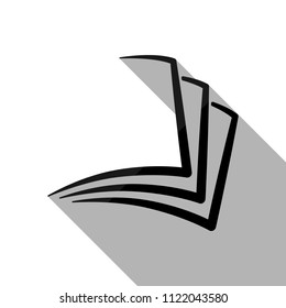 sheet of book, paper. Black object with long shadow on white background