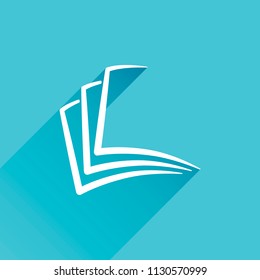 sheet of book, paper. Gray icon with long shadow in bottom left corner on blue background