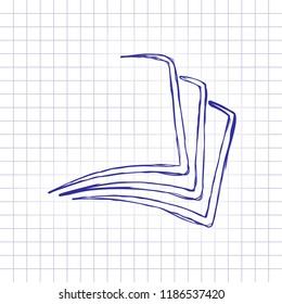 sheet of book, paper. Hand drawn picture on paper sheet. Blue ink, outline sketch style. Doodle on checkered background