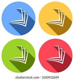sheet of book, paper. Set of white icons with long shadow on blue, orange, green and red colored circles. Sticker style
