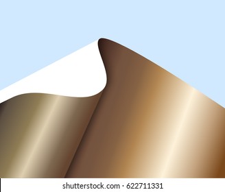 Sheet of bronze paper with a curl on blue background. Abstract vector illustration