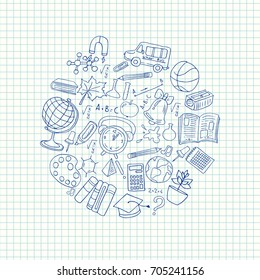 Sheet in a cage with doodle drawings painted with a pen. School theme Vector illustration