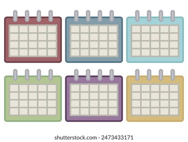 Sheet of calendar icons of various colors.