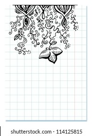 Sheet of checkered paper with creative doodle drawing. Eps 10 vector school copybook blank paper with margins. Place for your text. Contains Adobe Illustrator's Drop Shadow.