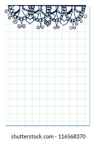Sheet of checkered paper with creative doodle drawing. Eps 10 vector school copybook blank paper with margins. It has a place for your text. Contains Adobe Illustrator's Drop Shadow.