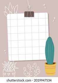 Sheet of checkered paper hangs on a thread. Note paper, cactus in a yellow pot, white contours of cacti in the background. Vector illustration, flat style.