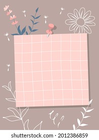 Una hoja de papel a cuadros de color rosa pegado a la pared. papel de nota, flores rosas, contornos florales sobre un fondo gris. Ilustración vectorial, estilo plano.