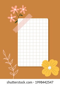 A sheet of checkered paper taped to wall. Note paper, colorful flowers, flower outlines on a ginger background. Vector illustration, flat style.