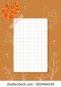 Una hoja de papel a cuadros pegado a la pared. Papel de nota, rama con bayas rojas, contornos rosados de hojas en el fondo. Ilustración vectorial, estilo plano.