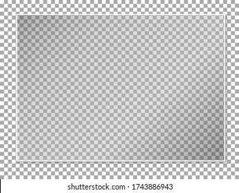 A sheet of colorless glass on a transparent background with white plastic edging, realistic glass pane layout, realistic transparent glass windows in a rectangular frame. Vector illustration.