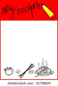 Sheet customizable recipes, with sketches of pasta with tomato sauce. Vector