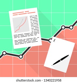 Sheet with diagram and text on the background of a large graph. Background for an article about office, business or data analysis