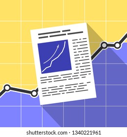 Sheet with diagram and text on the background of a large graph. Background for an article about office, business or data analysis