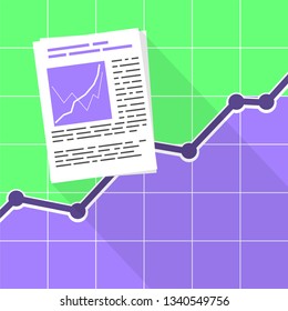 Sheet with diagram and text on the background of a large graph. Background for an article about office, business or data analysis