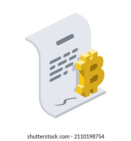 Blatt-Dokument Bitcoin. 3D Linie isometrisch, Farbe Web-Symbole, neue flache Stil. Kreatives Design für Infografiken.