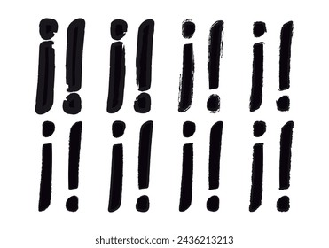 Sheet of exclamation icons made with black strokes of different types of brushes.