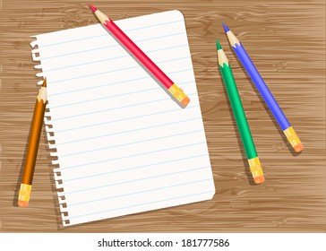 Sheet of exercise book and colored pencils. Educational concept vector EPS10.