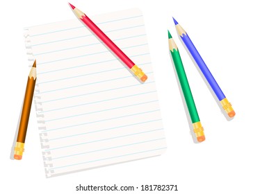 Sheet of exercise book and colored pencils isolated in white. Educational concept vector EPS10.