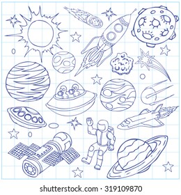 Sheet of exercise book with outer space doodles, symbols and design elements: spaceships, ufo, planets, stars, rocket, astronauts, comets. Cartoon background. Hand drawn vector illustration.