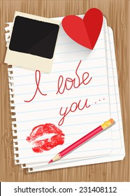 Sheet of exercise book, photo, red heart and pencil. Valentines day vector background. 