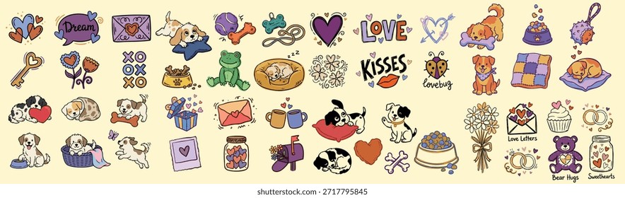 La hoja presenta iconos de día de San Valentín de pixel art para redes sociales e impresión, representados con una cálida iluminación plana, alegre.