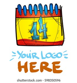 Sheet flip-flop calendar with the number 14 sketch. The elements for infographics with a hand-drawing style.