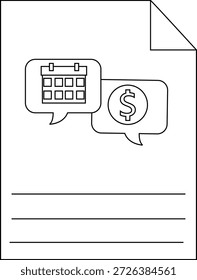 Ein Blatt mit gefalteter Ecke zeigt ein Kalender- und Dollarzeichen in Sprechblasen über drei horizontalen Linien an