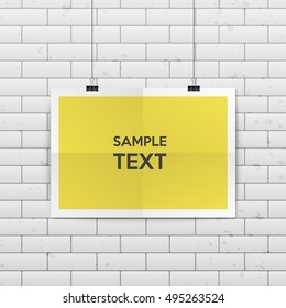 Sheet of folded paper hangs on the clamps. Vector EPS10 illustration.