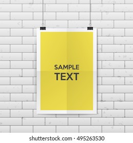 Sheet of folded paper hangs on the clamps. Vector EPS10 illustration.