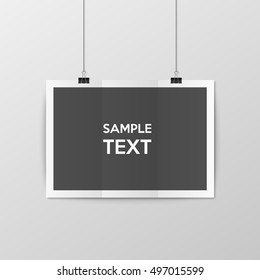 Sheet of folded paper hangs on the clamps. Vector EPS10 illustration.