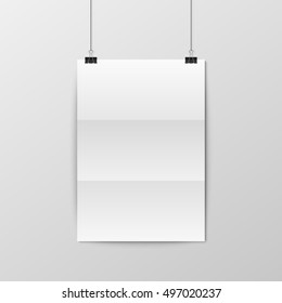 Sheet of folded paper hangs on the clamps. Vector EPS10 illustration.