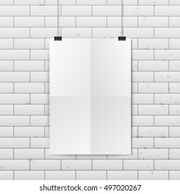Sheet of folded paper hangs on the clamps. Vector EPS10 illustration.