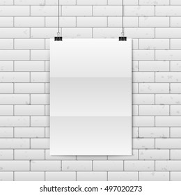 Sheet of folded paper hangs on the clamps. Vector EPS10 illustration.